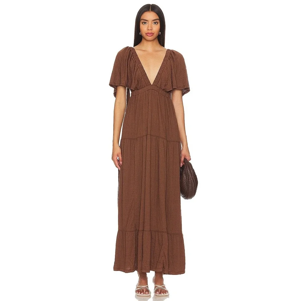Free People Brown Maxi Dress with Deep V Neck